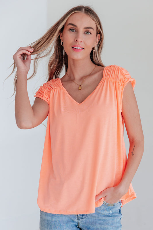 Ruched Cap Sleeve Top in Neon Orange (Online Exclusive)