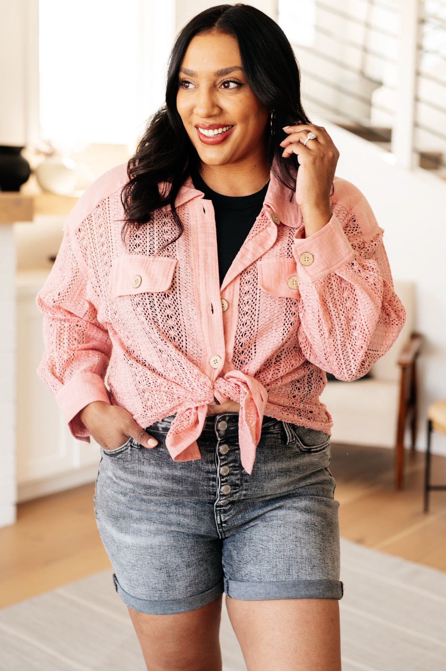 Sweeter Than Nectar Lace Button Down in Rose