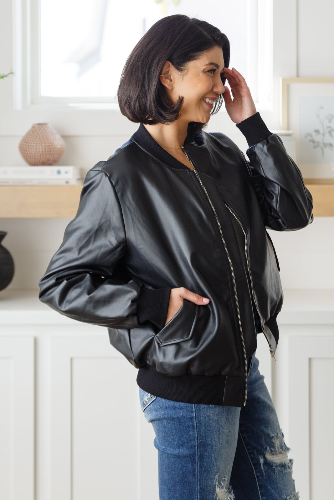 This Is It Faux Leather Bomber Jacket In Black (Online Exclusive)