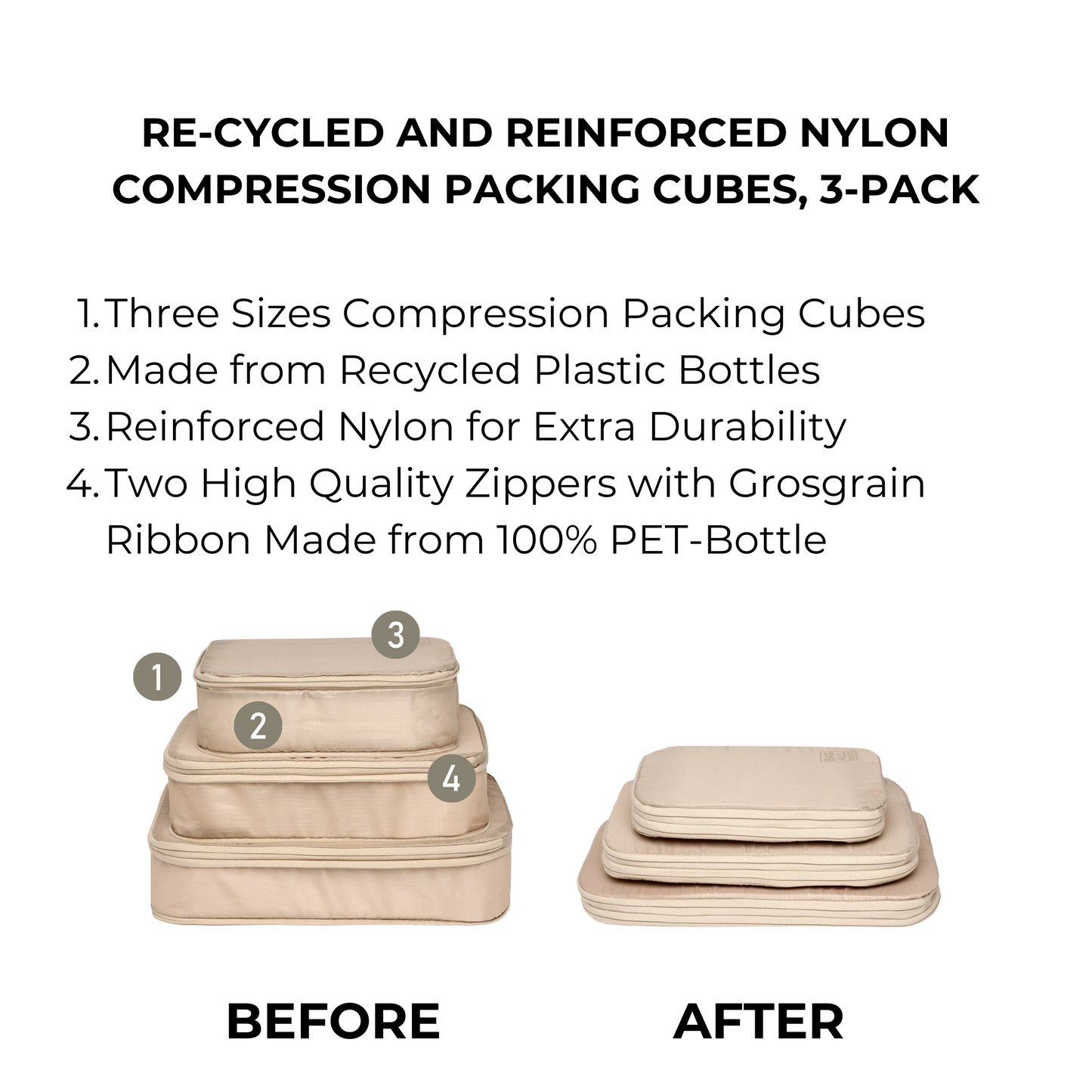 Re-cycled and Reinforced Nylon Compression Packing Cubes, 3-pack Taupe