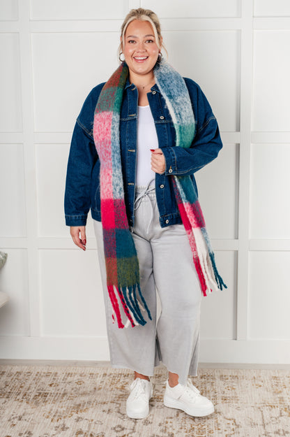 Wanderlust Wrap Oversized Plaid Fringe Scarf in Magenta and Teal (Online Exclusive)