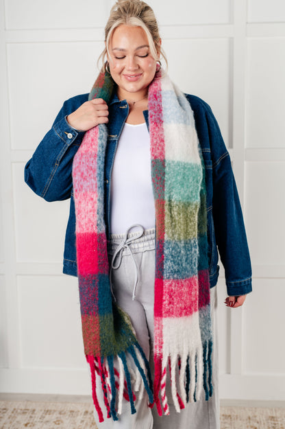 Wanderlust Wrap Oversized Plaid Fringe Scarf in Magenta and Teal (Online Exclusive)