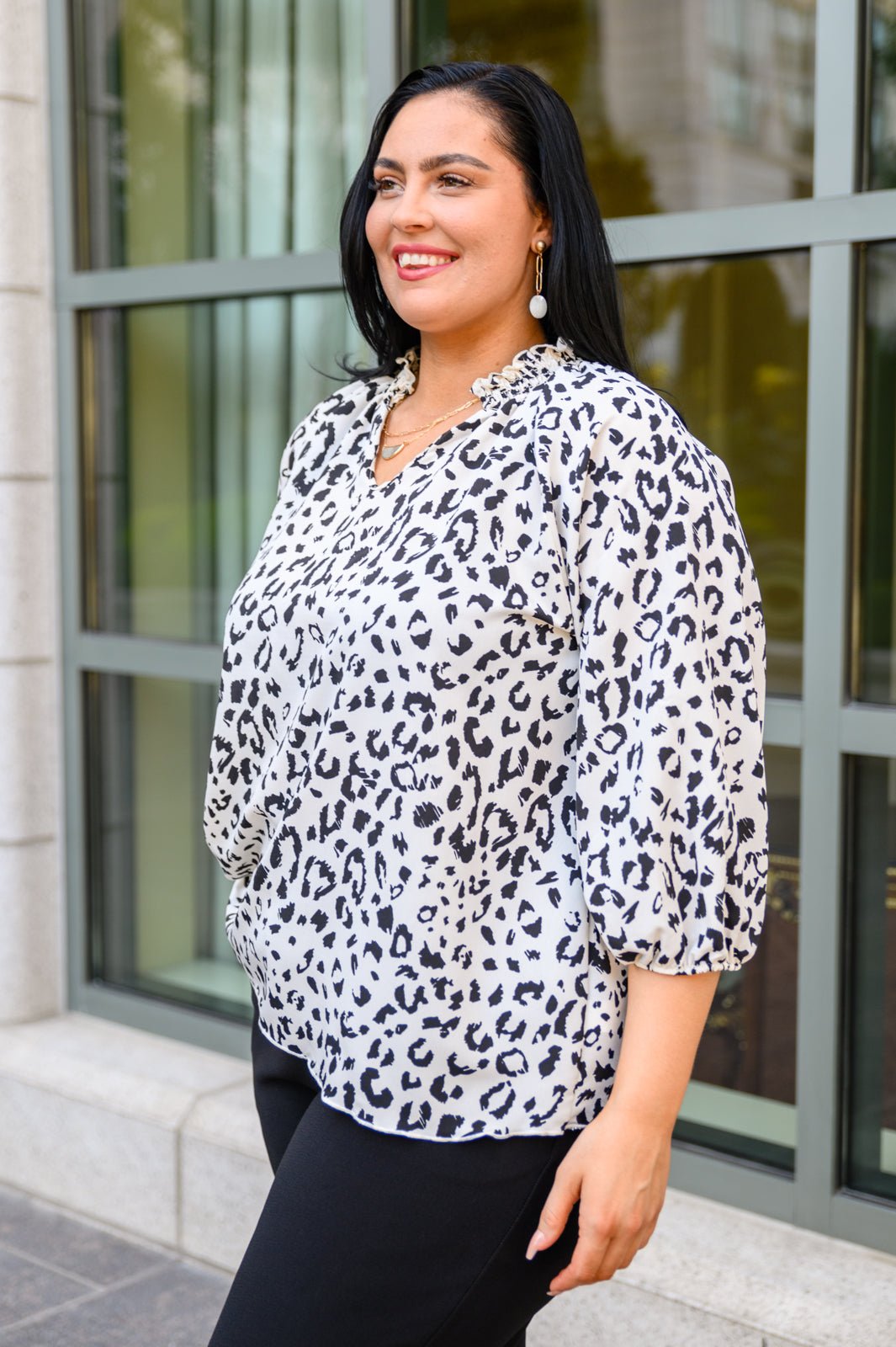 A Bit Of Fun Animal Print Blouse In White (Online Exclusive) - Uptown Boutique Ramona