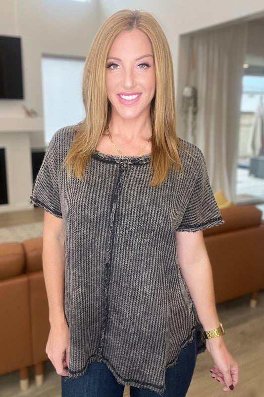 A Wink And A Smile Waffle Knit Top in Ash Black (Online Exclusive) - Uptown Boutique Ramona