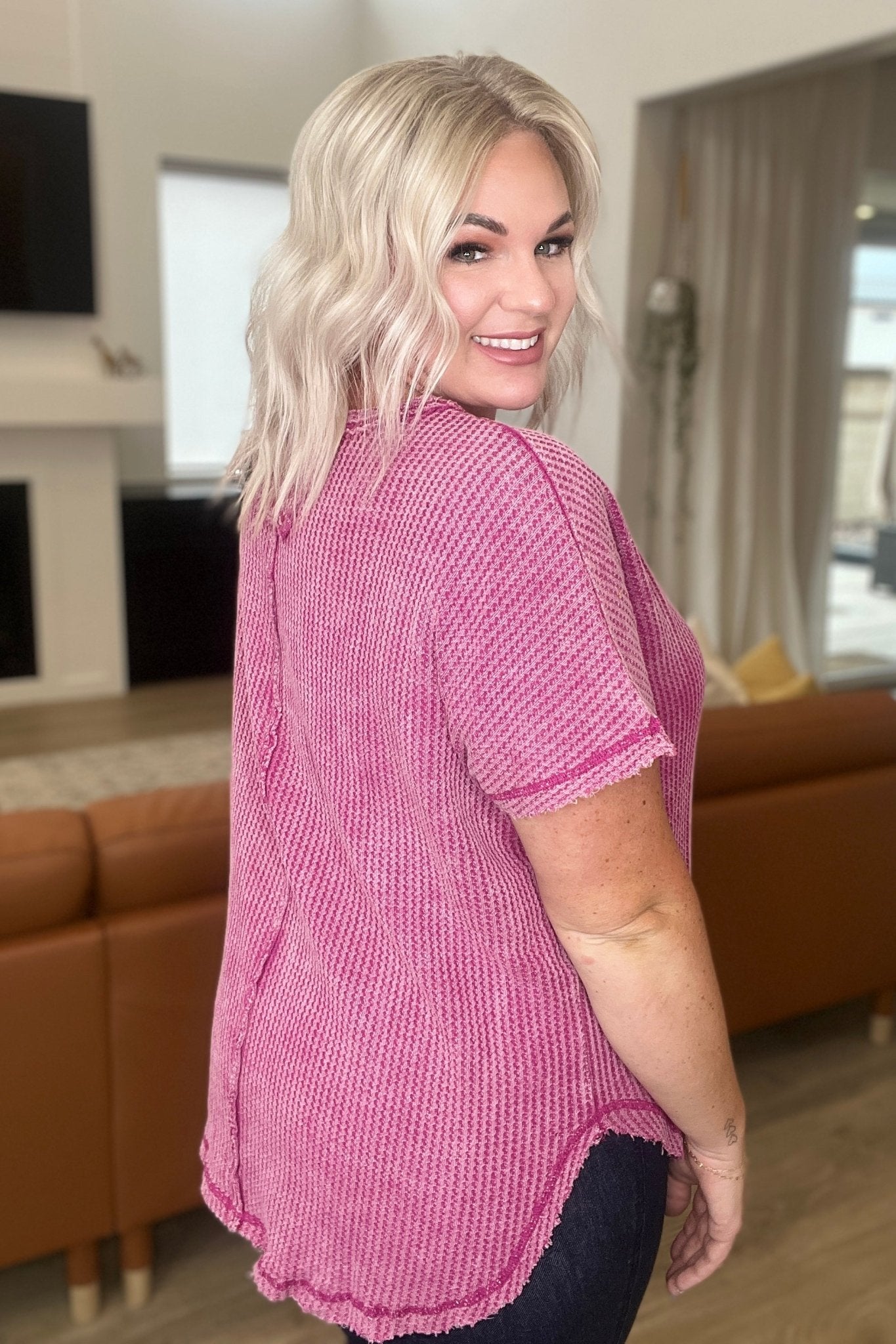 A Wink And A Smile Waffle Knit Top in Ash Pink (Online Exclusive) - Uptown Boutique Ramona