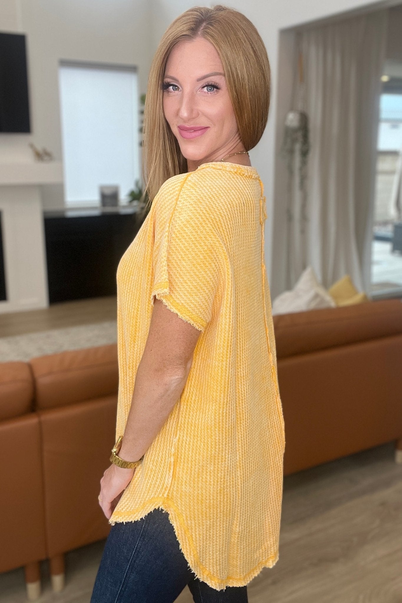 A Wink And A Smile Waffle Knit Top in Yellow Gold (Online Exclusive) - Uptown Boutique Ramona