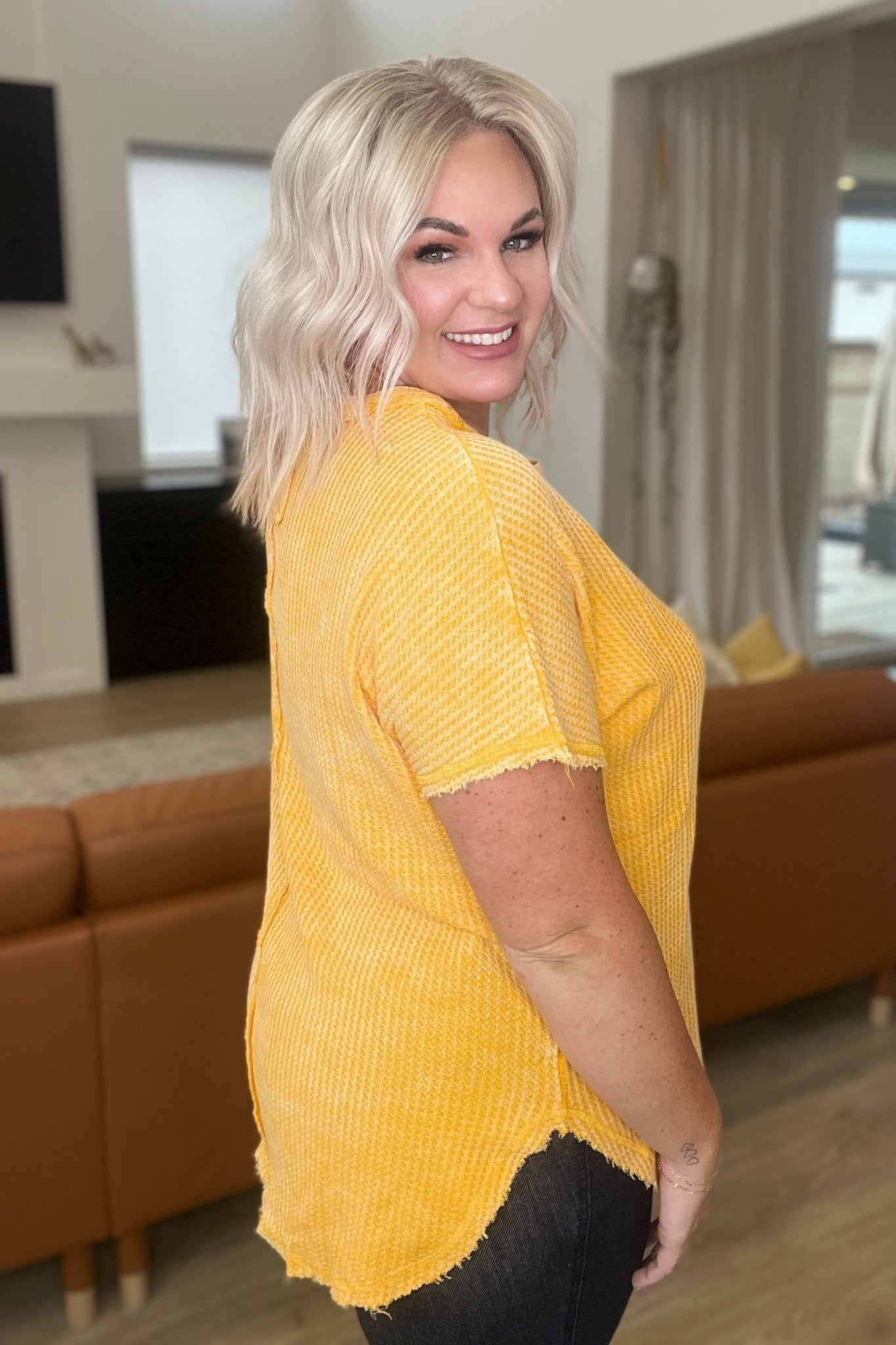 A Wink And A Smile Waffle Knit Top in Yellow Gold (Online Exclusive) - Uptown Boutique Ramona