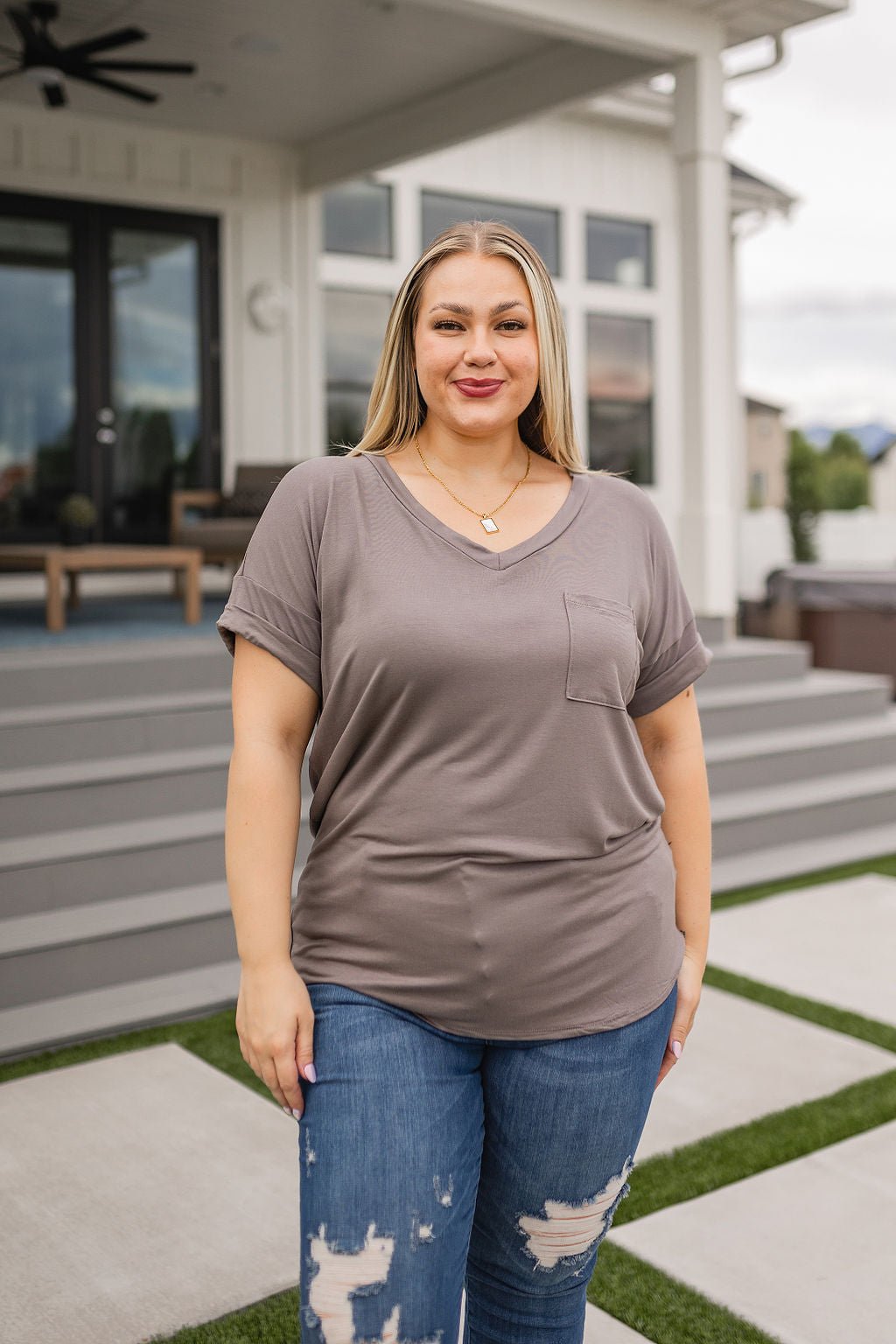 Absolute Favorite V - Neck in Dark Taupe (Online Exclusive) - Uptown Boutique Ramona