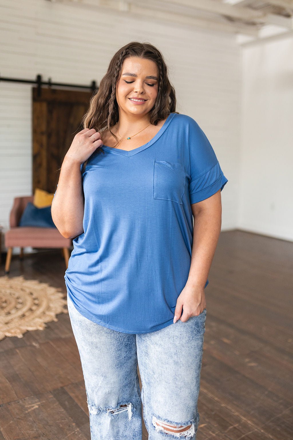 Absolute Favorite V - Neck Top in Azure (Online Exclusive) - Uptown Boutique Ramona