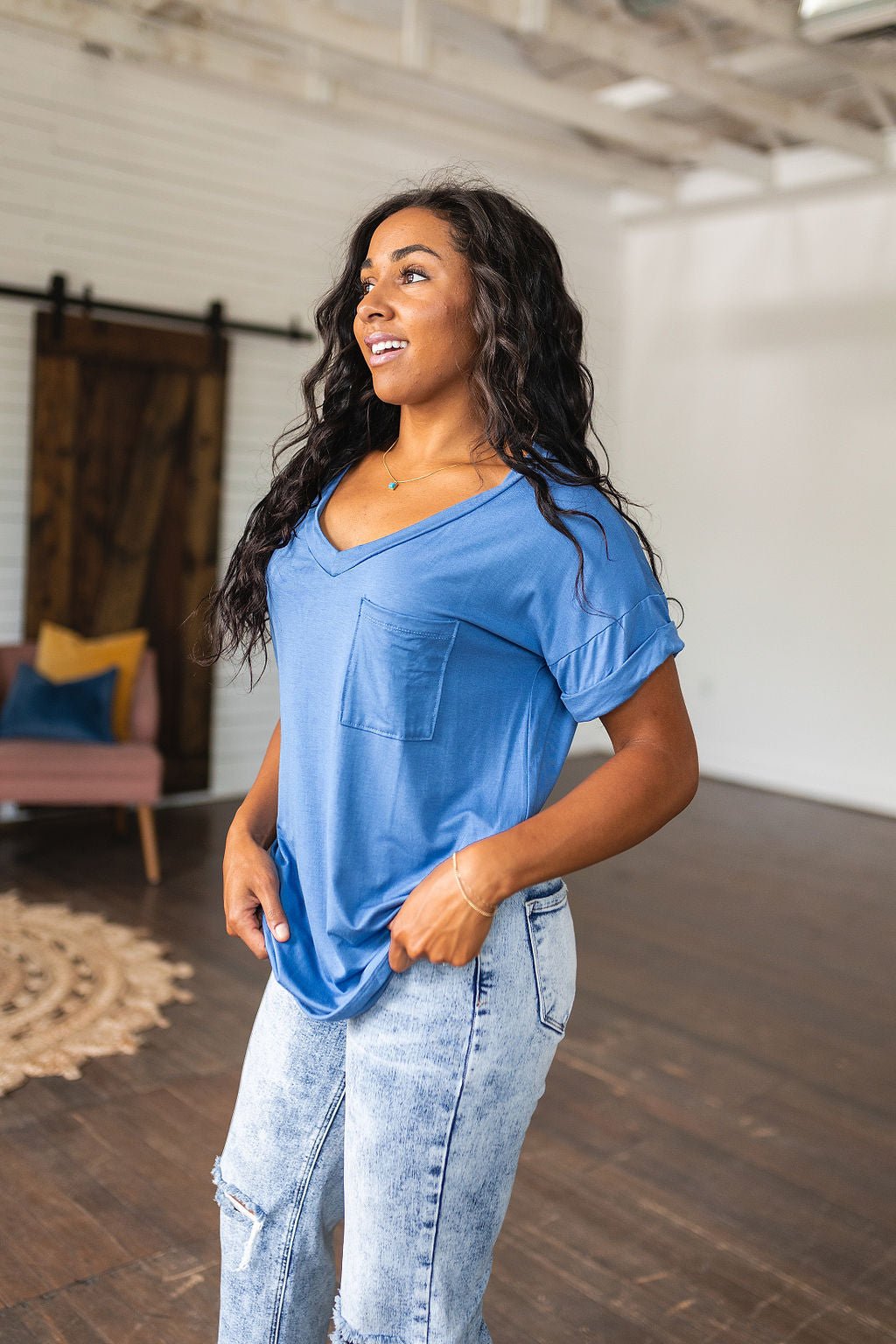 Absolute Favorite V - Neck Top in Azure (Online Exclusive) - Uptown Boutique Ramona