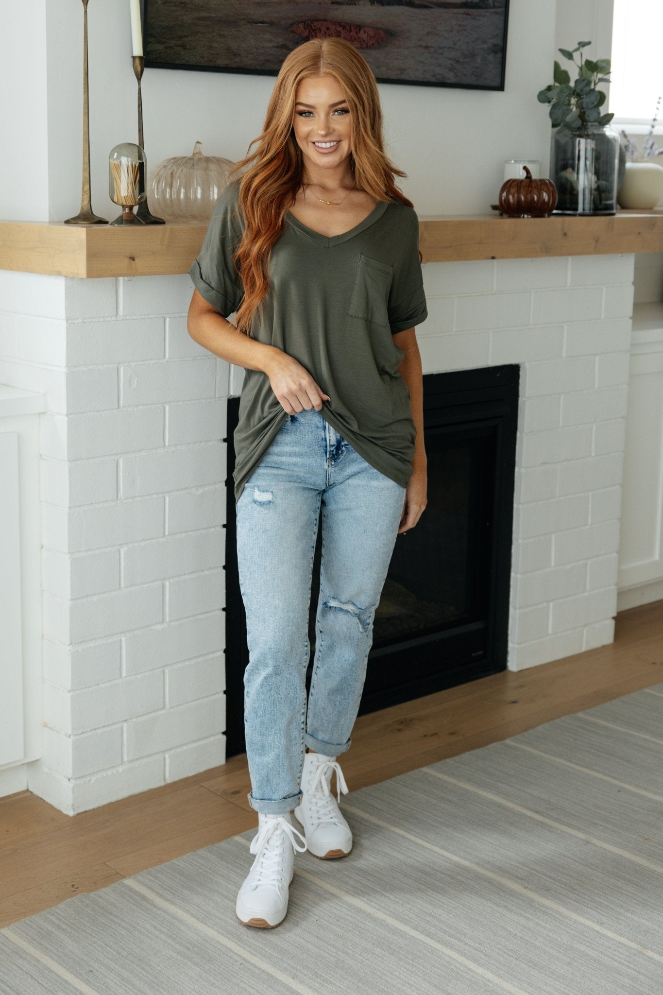 Absolute Favorite V - Neck Top in Olive (Online Exclusive) - Uptown Boutique Ramona