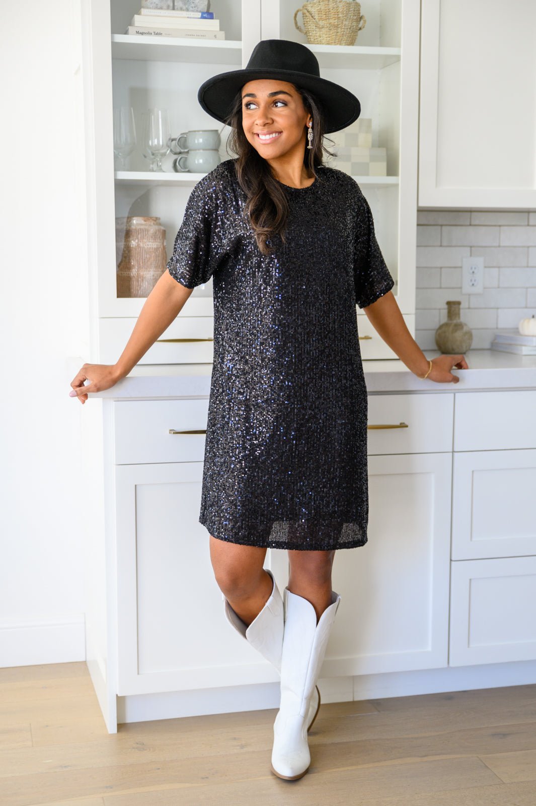 Alexandria Short Sleeve Sequin Dress In Black (Online Exclusive) - Uptown Boutique Ramona