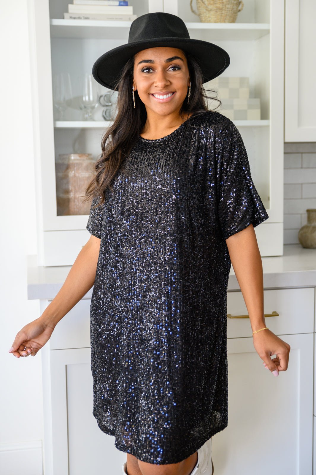 Alexandria Short Sleeve Sequin Dress In Black (Online Exclusive) - Uptown Boutique Ramona