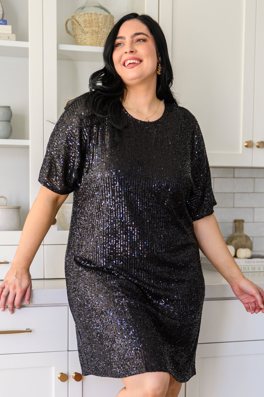 Alexandria Short Sleeve Sequin Dress In Black (Online Exclusive) - Uptown Boutique Ramona