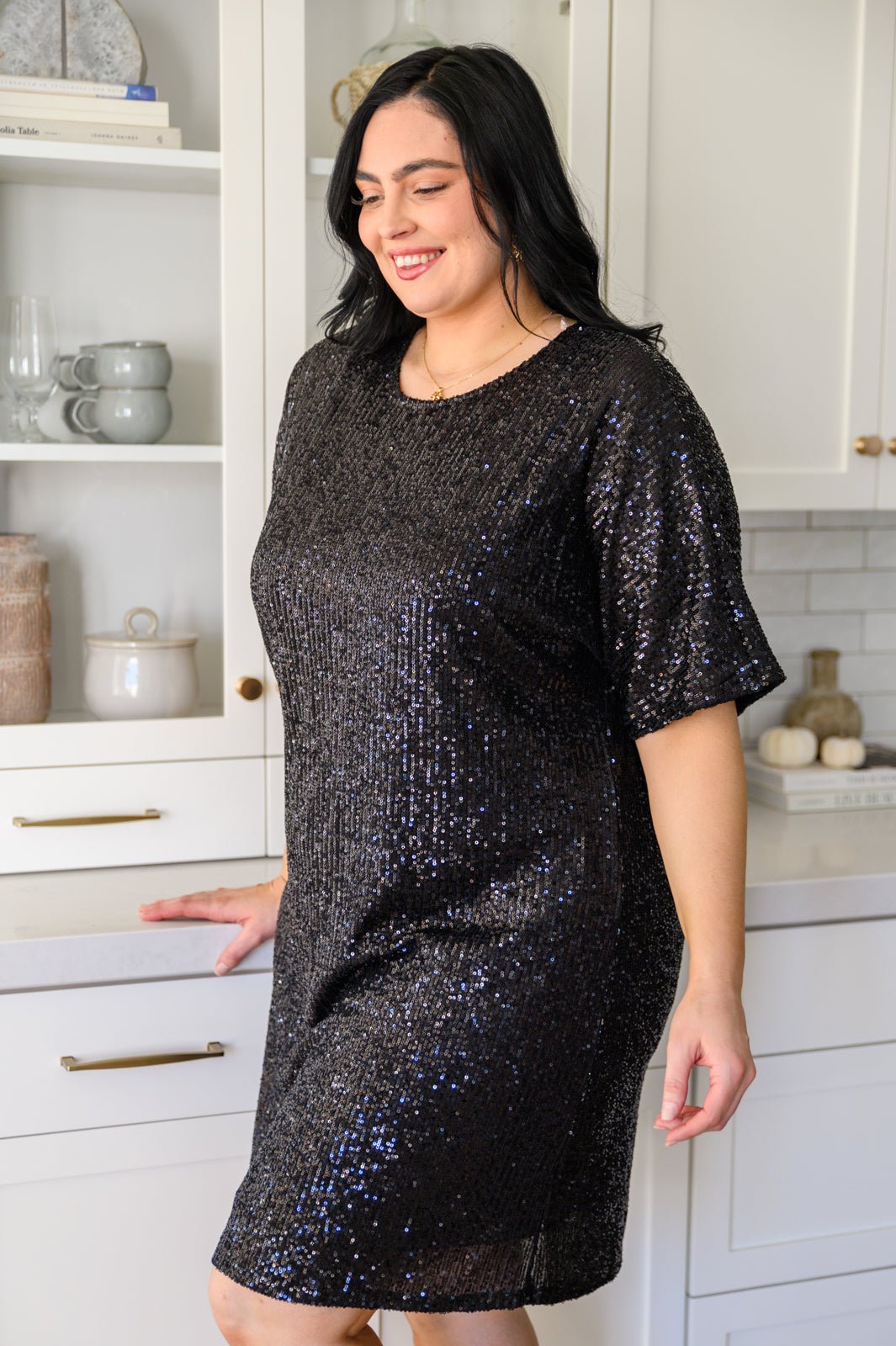 Alexandria Short Sleeve Sequin Dress In Black (Online Exclusive) - Uptown Boutique Ramona