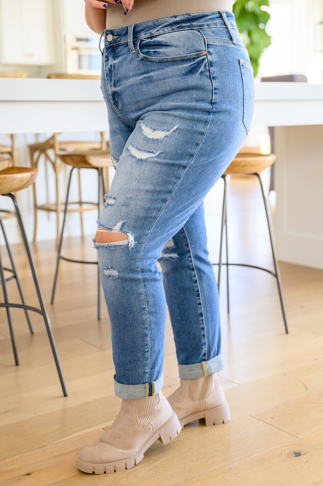 Ashley Hi - Waist Destroyed Boyfriend Jeans (Online Exclusive) - Uptown Boutique Ramona