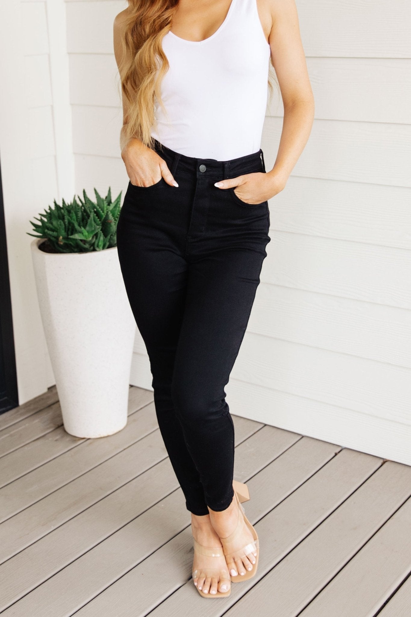 Audrey High Rise Control Top Classic Skinny Jeans in Black (Online Exclusive) - Uptown Boutique Ramona