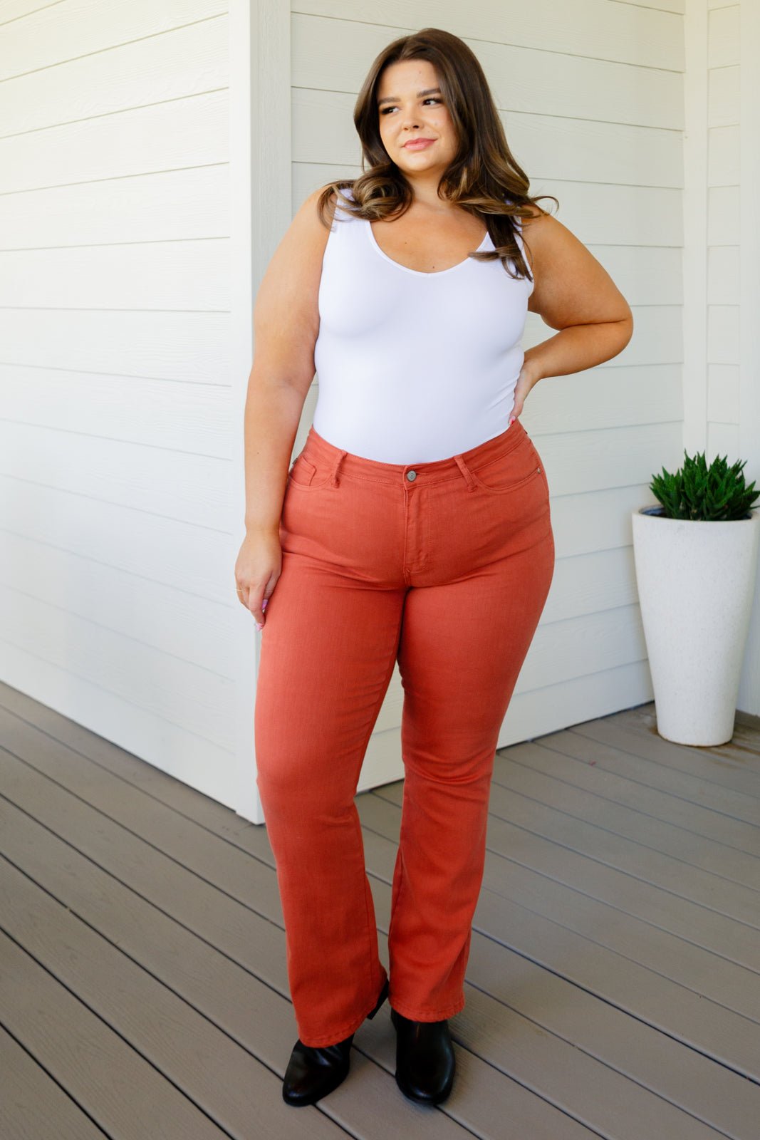 Autumn Mid Rise Slim Bootcut Jeans in Terracotta (Online Exclusive) - Uptown Boutique Ramona