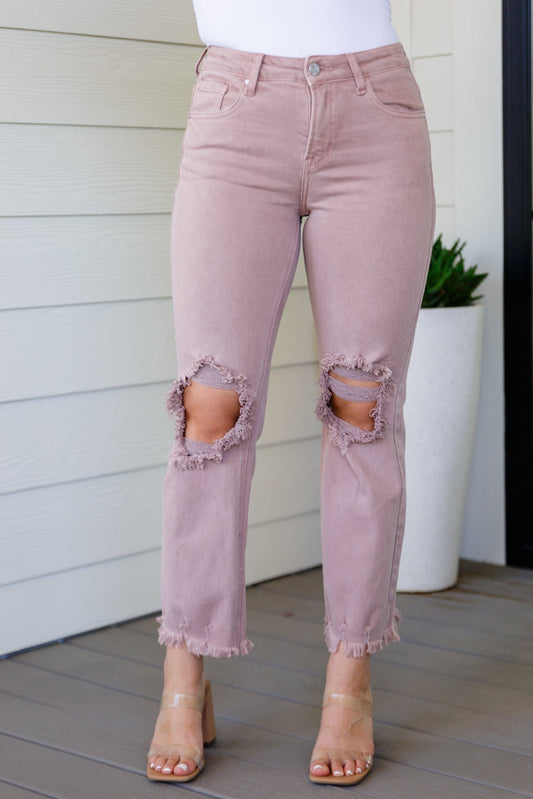 Babs High Rise Distressed Straight Jeans in Mauve (Online Exclusive) - Uptown Boutique Ramona