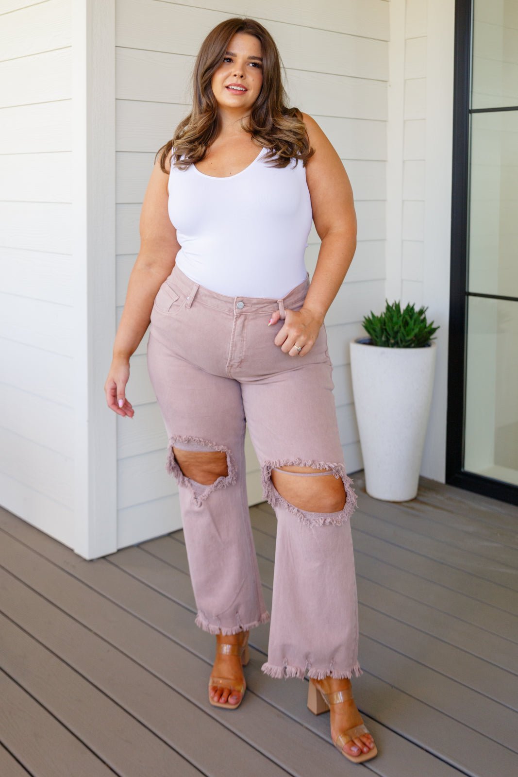 Babs High Rise Distressed Straight Jeans in Mauve (Online Exclusive) - Uptown Boutique Ramona