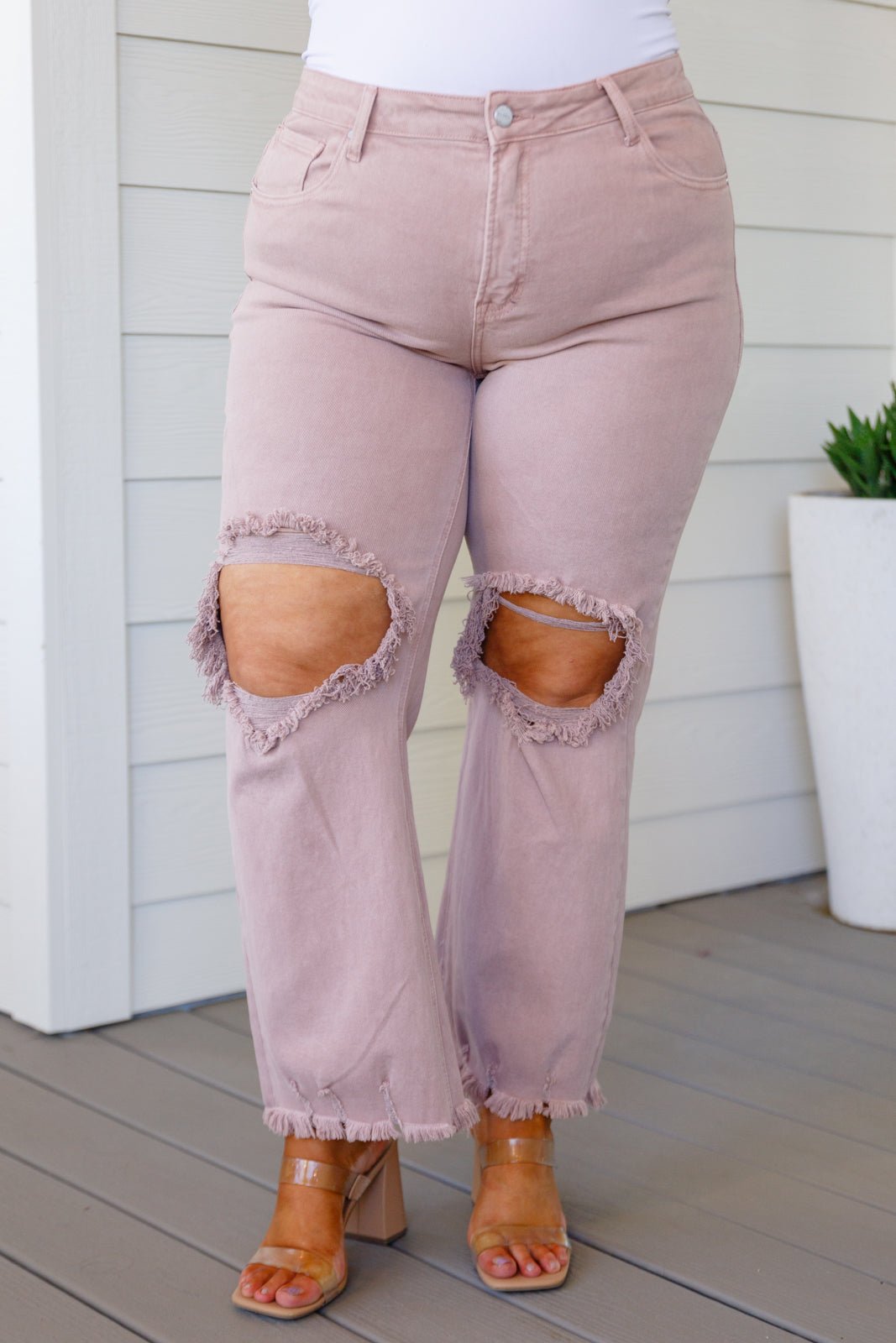 Babs High Rise Distressed Straight Jeans in Mauve (Online Exclusive) - Uptown Boutique Ramona