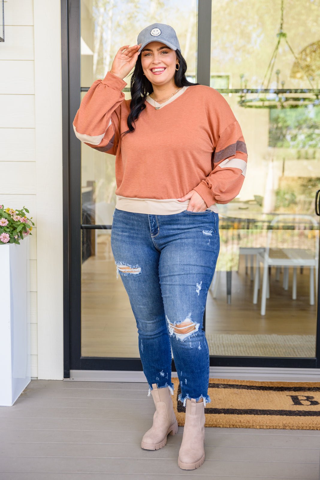 Back In Action Retro V - Neck Sweatshirt Top In Rust (Online Exclusive) - Uptown Boutique Ramona