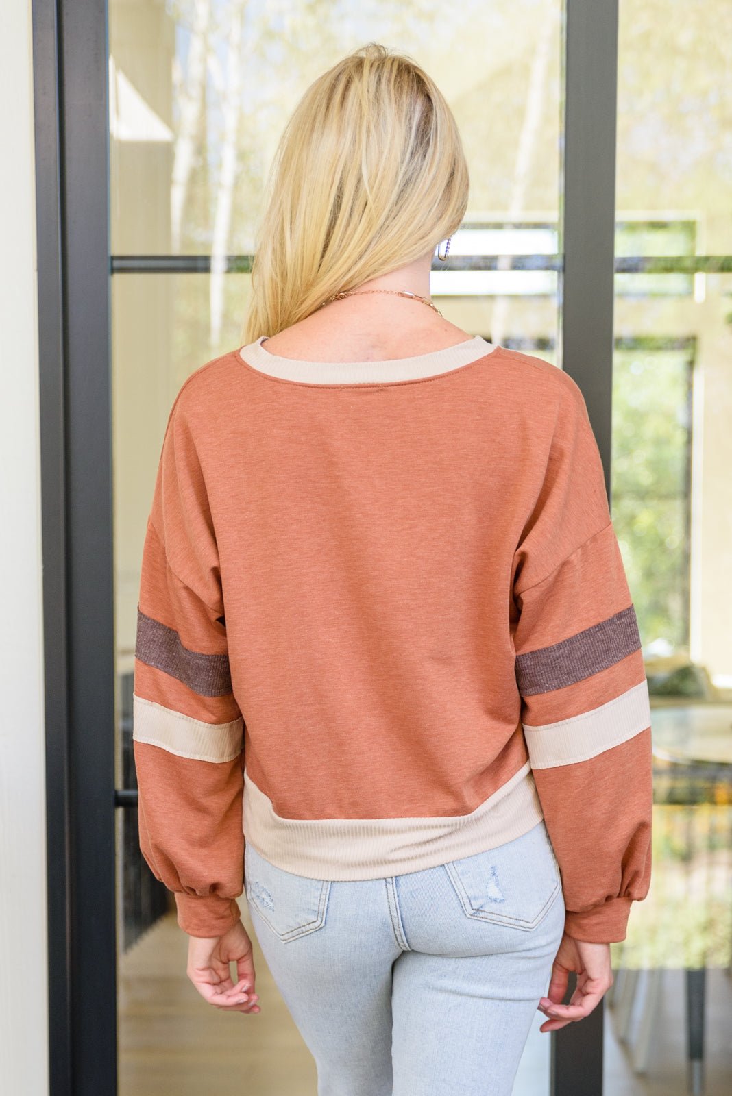 Back In Action Retro V - Neck Sweatshirt Top In Rust (Online Exclusive) - Uptown Boutique Ramona