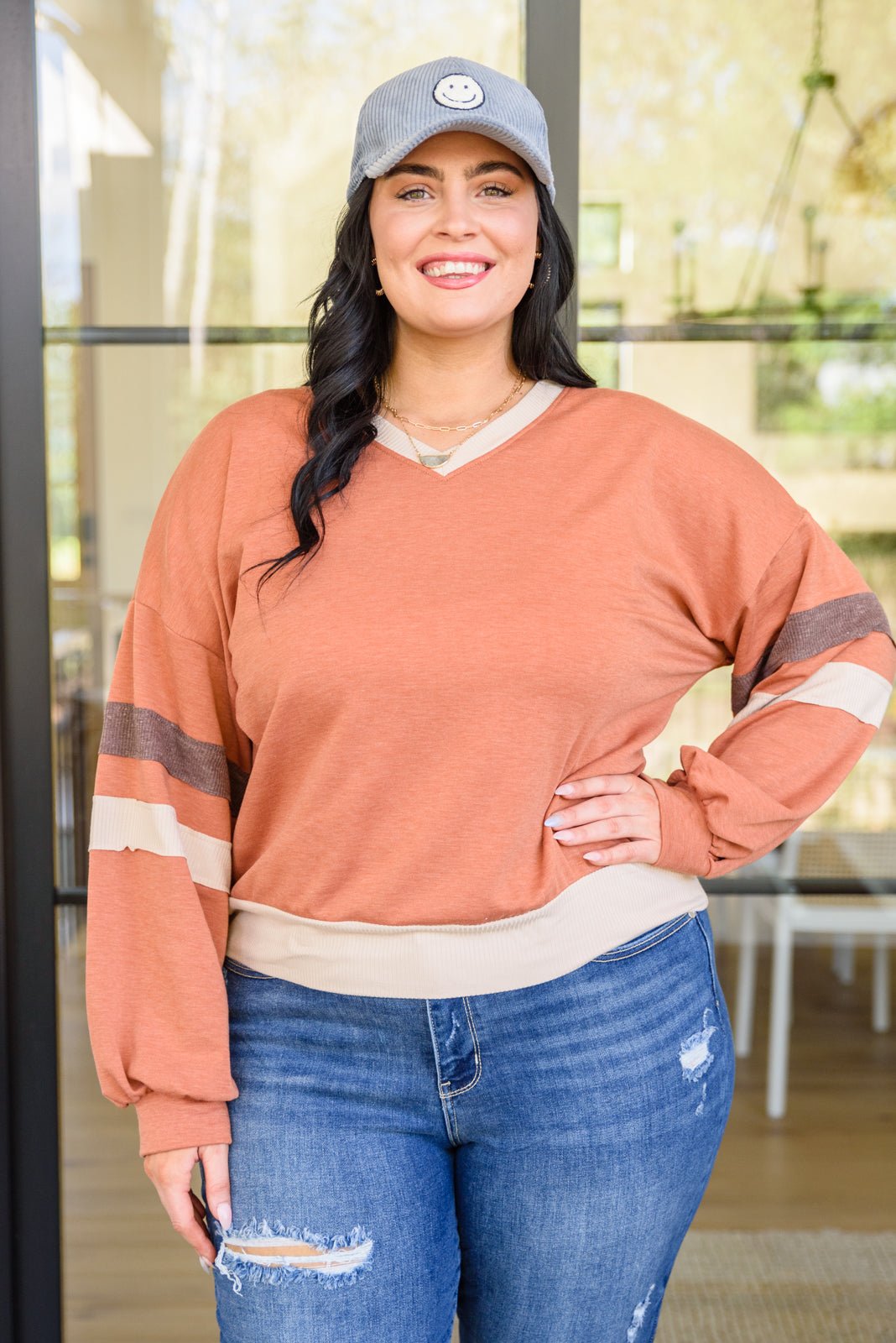 Back In Action Retro V - Neck Sweatshirt Top In Rust (Online Exclusive) - Uptown Boutique Ramona