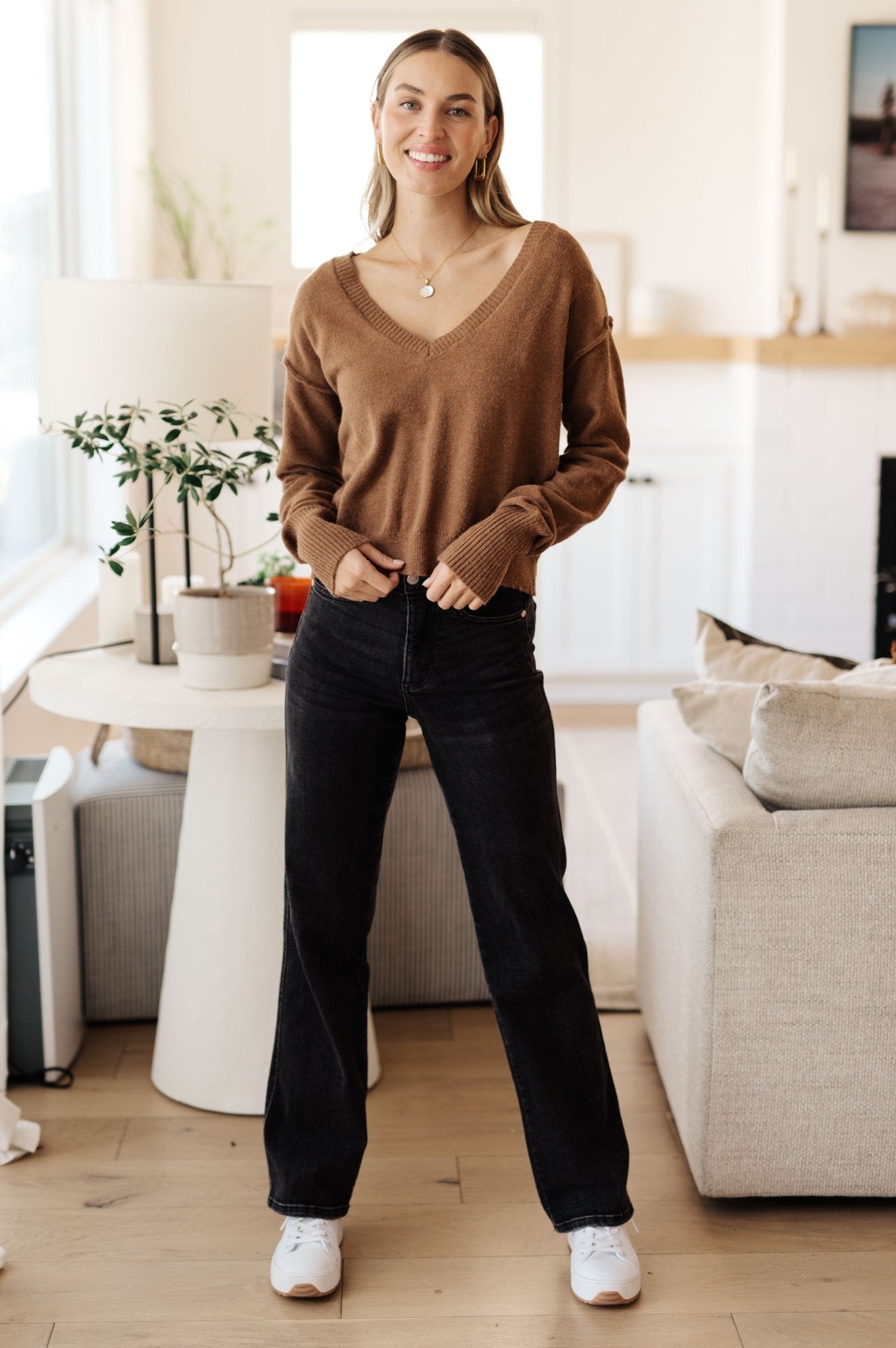 Back to Life V - Neck Sweater in Mocha (Online Exclusive) - Uptown Boutique Ramona