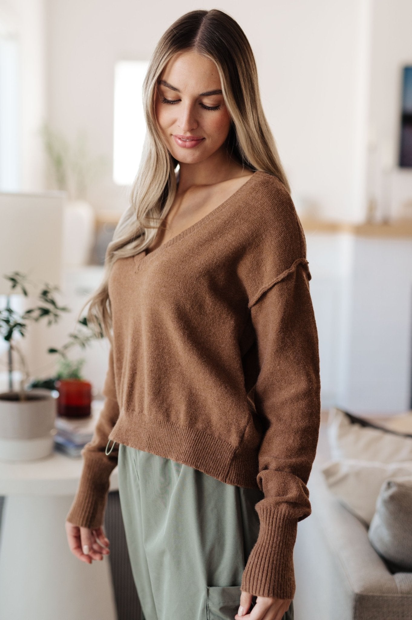 Back to Life V - Neck Sweater in Mocha (Online Exclusive) - Uptown Boutique Ramona