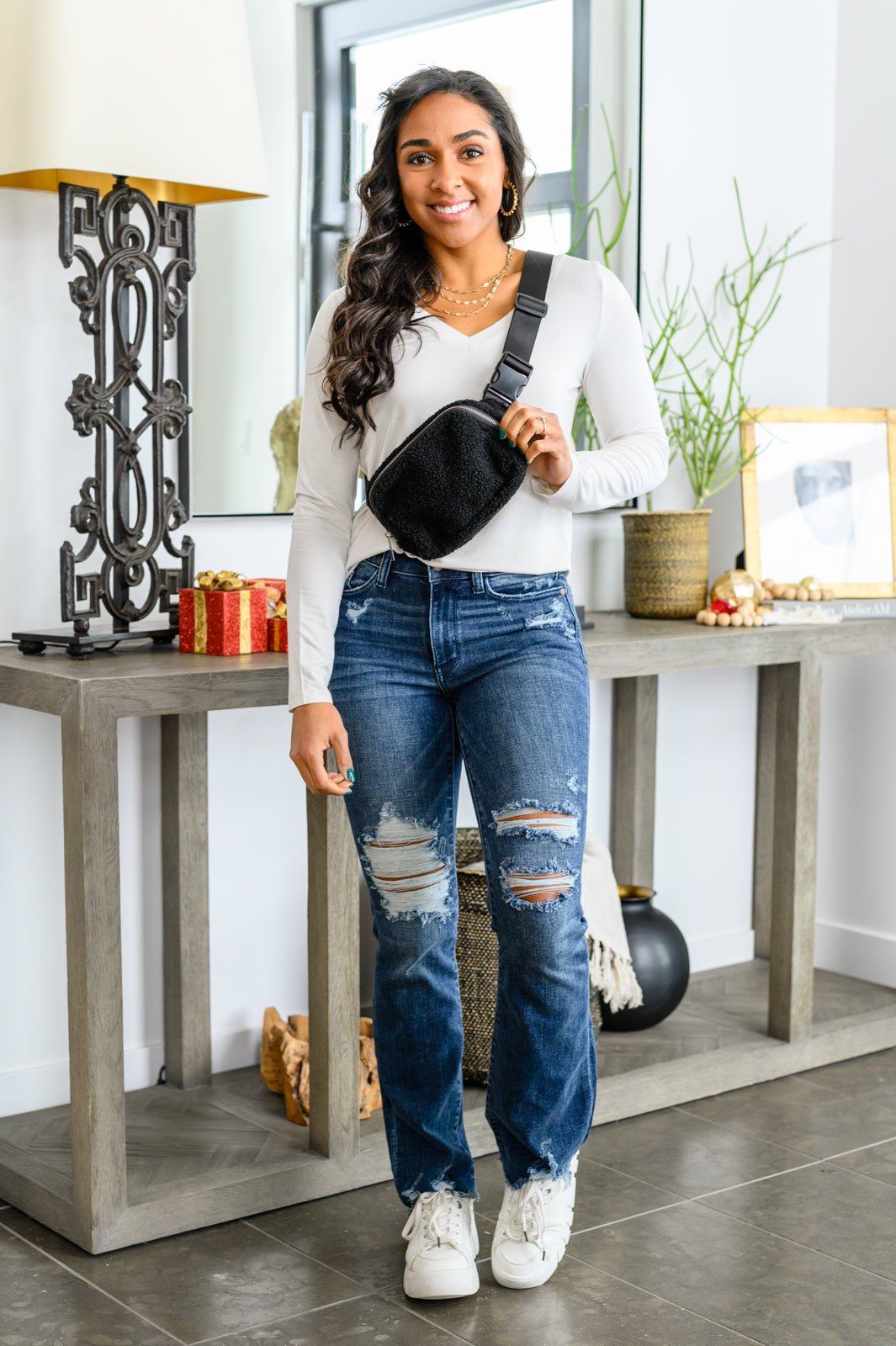 Basics Are Best Long Sleeve V - Neck Top in Bone (Online Exclusive) - Uptown Boutique Ramona