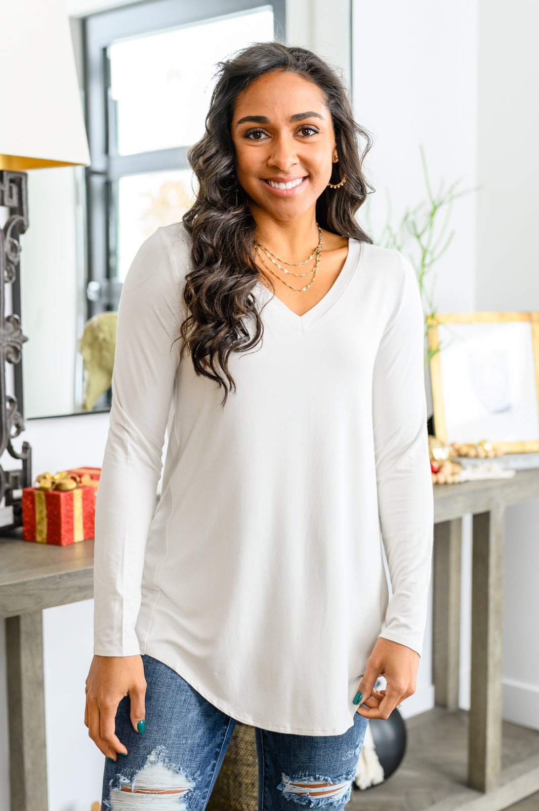Basics Are Best Long Sleeve V - Neck Top in Bone (Online Exclusive) - Uptown Boutique Ramona