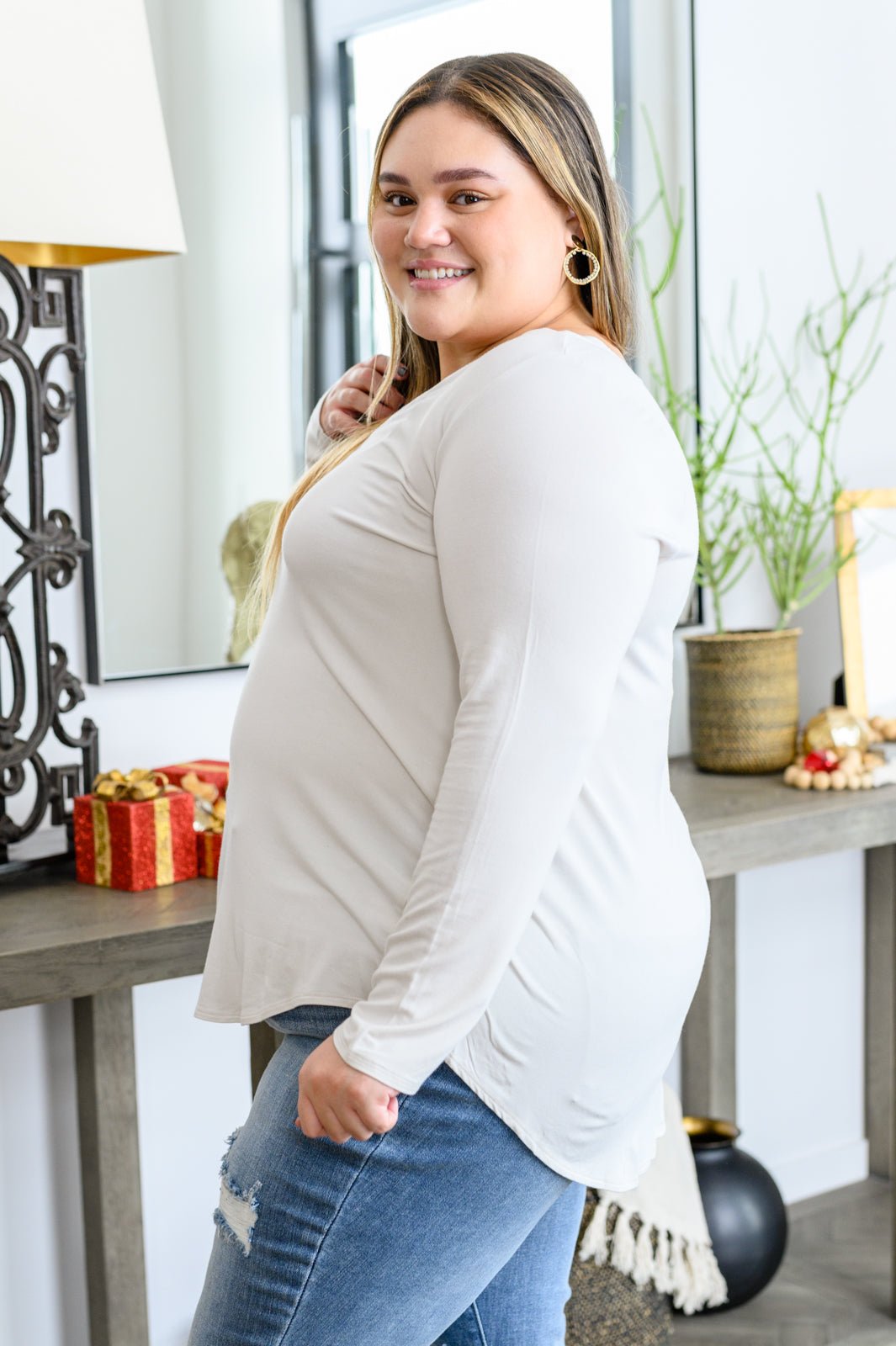 Basics Are Best Long Sleeve V - Neck Top in Bone (Online Exclusive) - Uptown Boutique Ramona