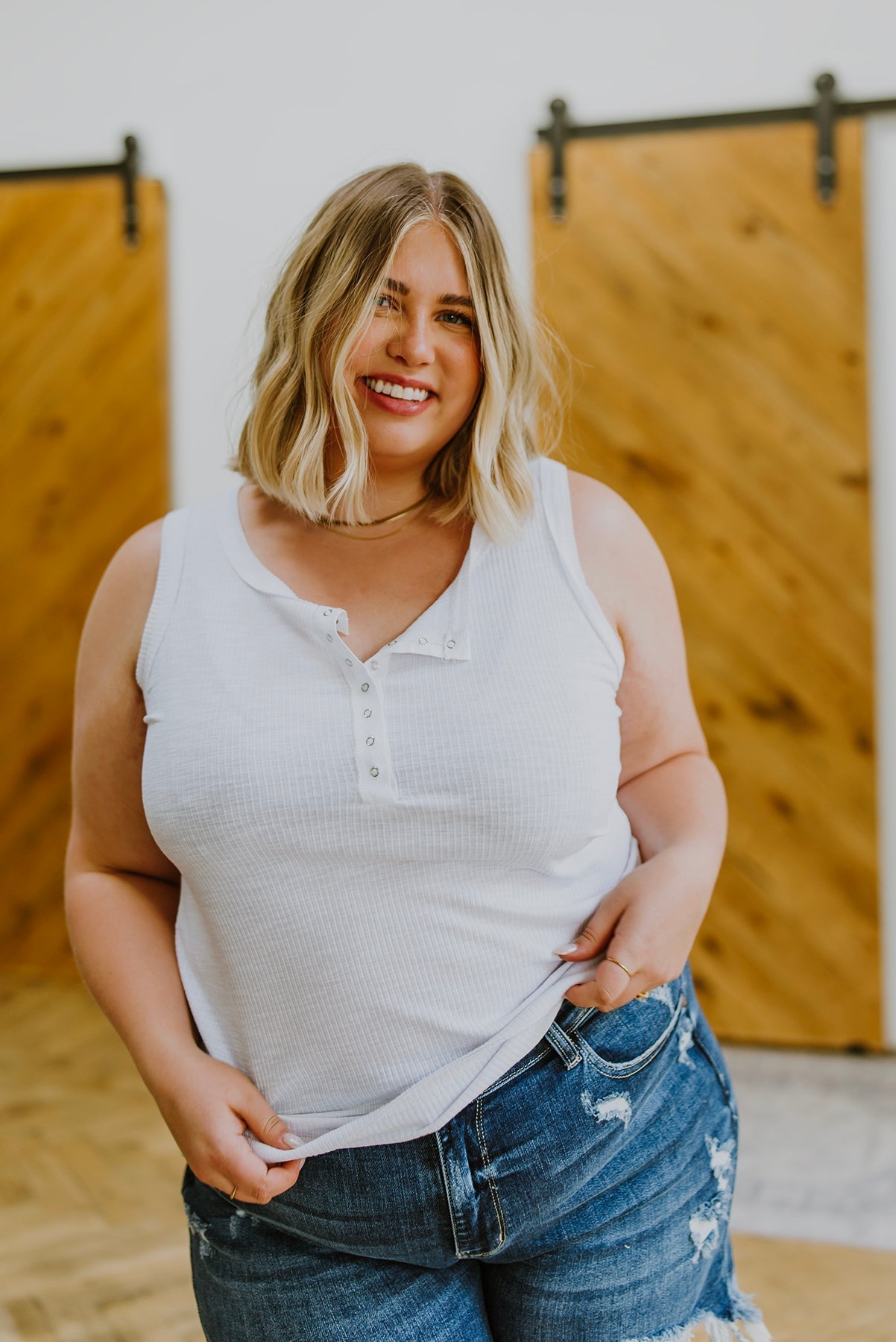 Be You Ribbed Button Up Tank In White (Online Exclusive) - Uptown Boutique Ramona