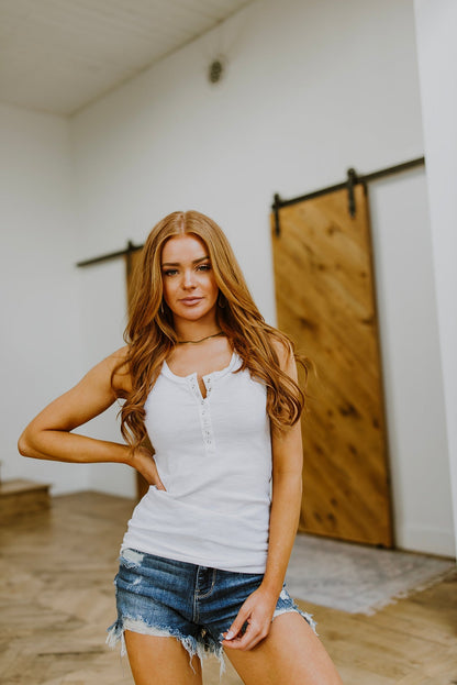 Be You Ribbed Button Up Tank In White (Online Exclusive) - Uptown Boutique Ramona