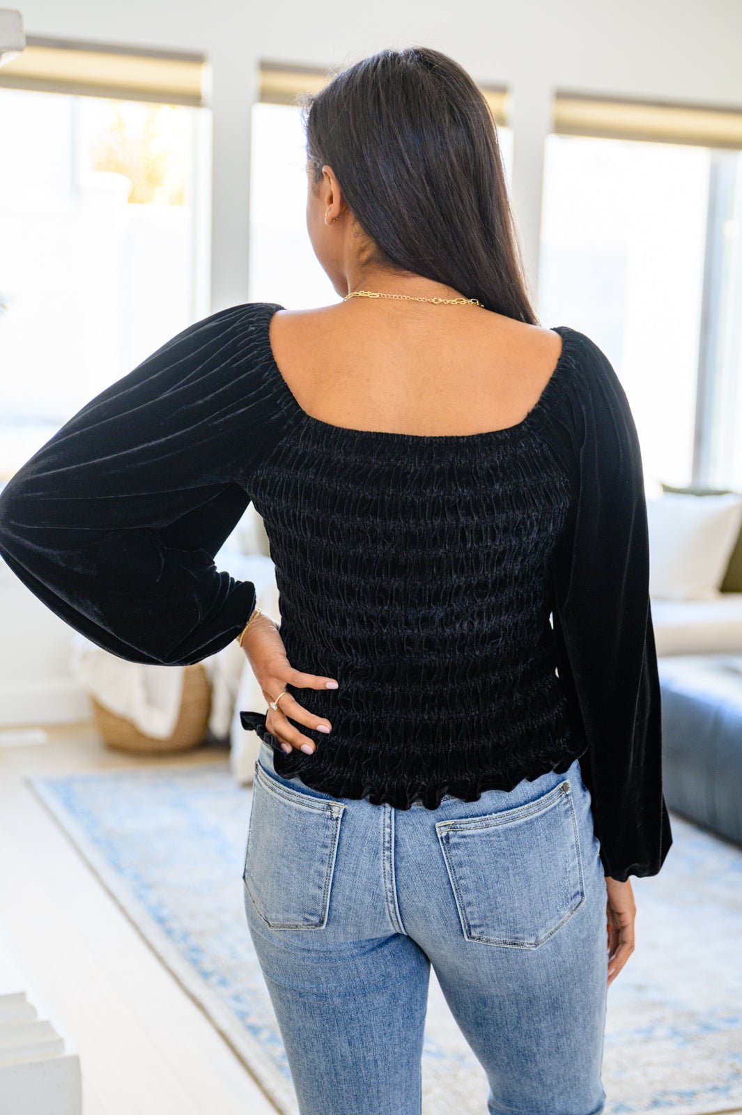 Believe In Miracles Smocked Velvet Top In Black (Online Exclusive) - Uptown Boutique Ramona