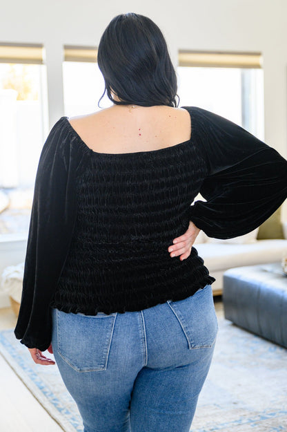 Believe In Miracles Smocked Velvet Top In Black (Online Exclusive) - Uptown Boutique Ramona