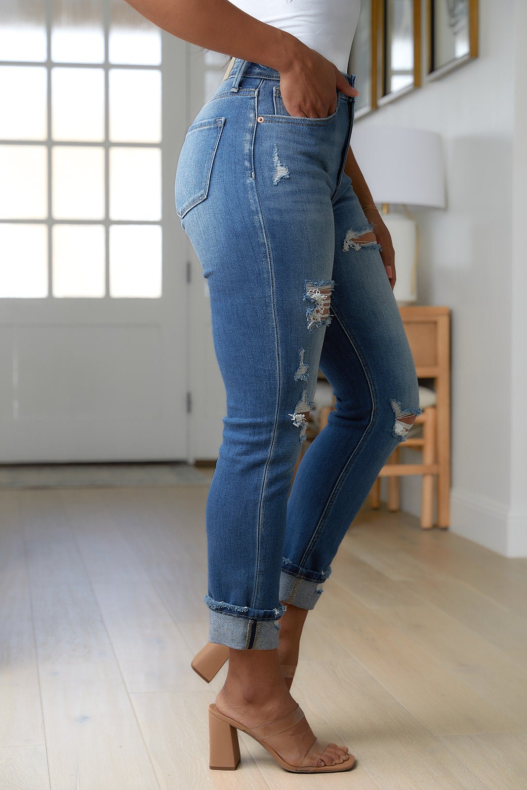 Belinda High Rise Distressed Straight Jeans (Online Exclusive) - Uptown Boutique Ramona