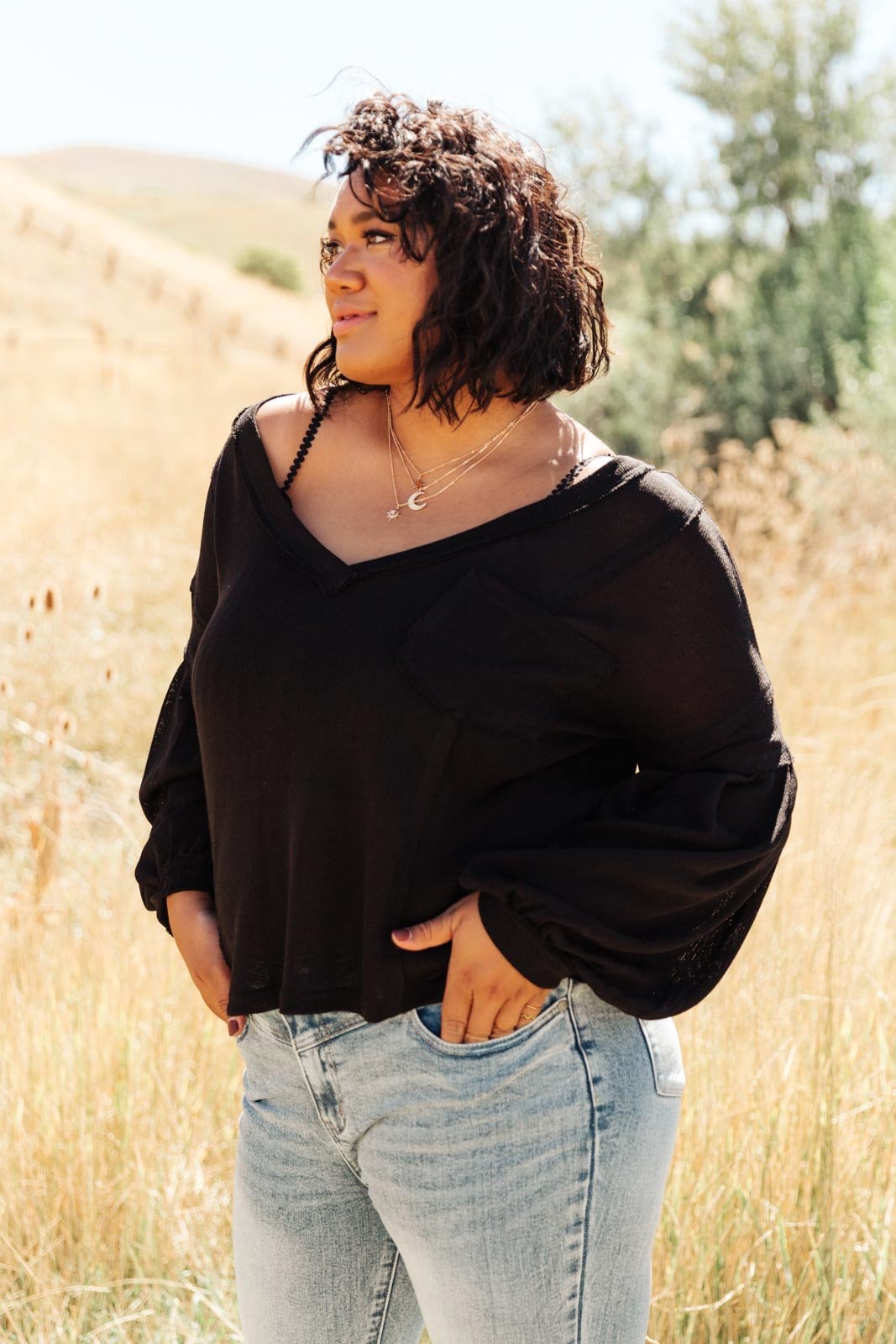 Bellissimo Draped V - Neck Sweater in Black (Online Exclusive) - Uptown Boutique Ramona