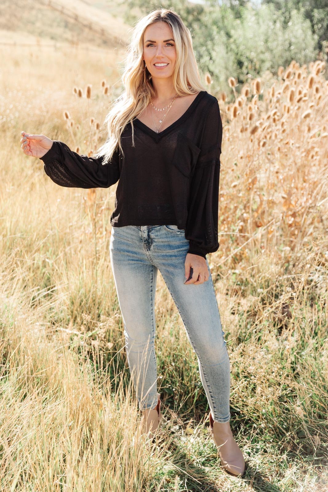 Bellissimo Draped V - Neck Sweater in Black (Online Exclusive) - Uptown Boutique Ramona