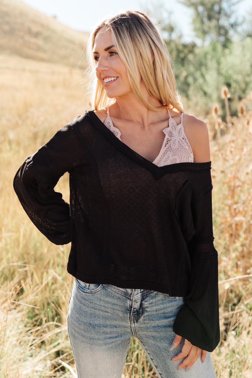 Bellissimo Draped V - Neck Sweater in Black (Online Exclusive) - Uptown Boutique Ramona