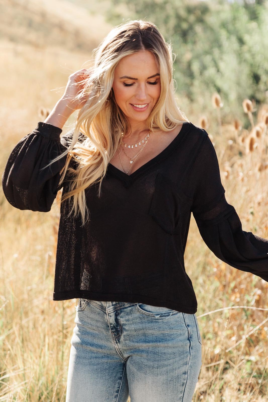 Bellissimo Draped V - Neck Sweater in Black (Online Exclusive) - Uptown Boutique Ramona