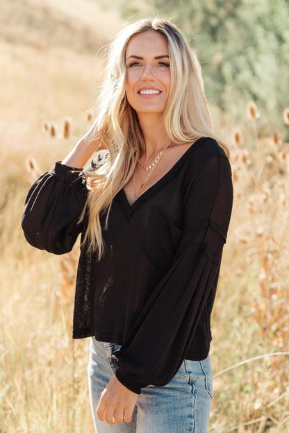 Bellissimo Draped V - Neck Sweater in Black (Online Exclusive) - Uptown Boutique Ramona