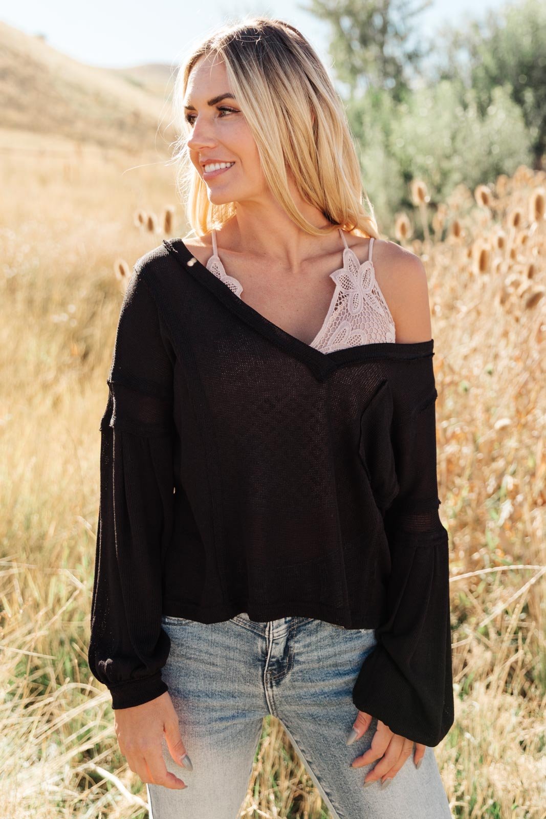 Bellissimo Draped V - Neck Sweater in Black (Online Exclusive) - Uptown Boutique Ramona