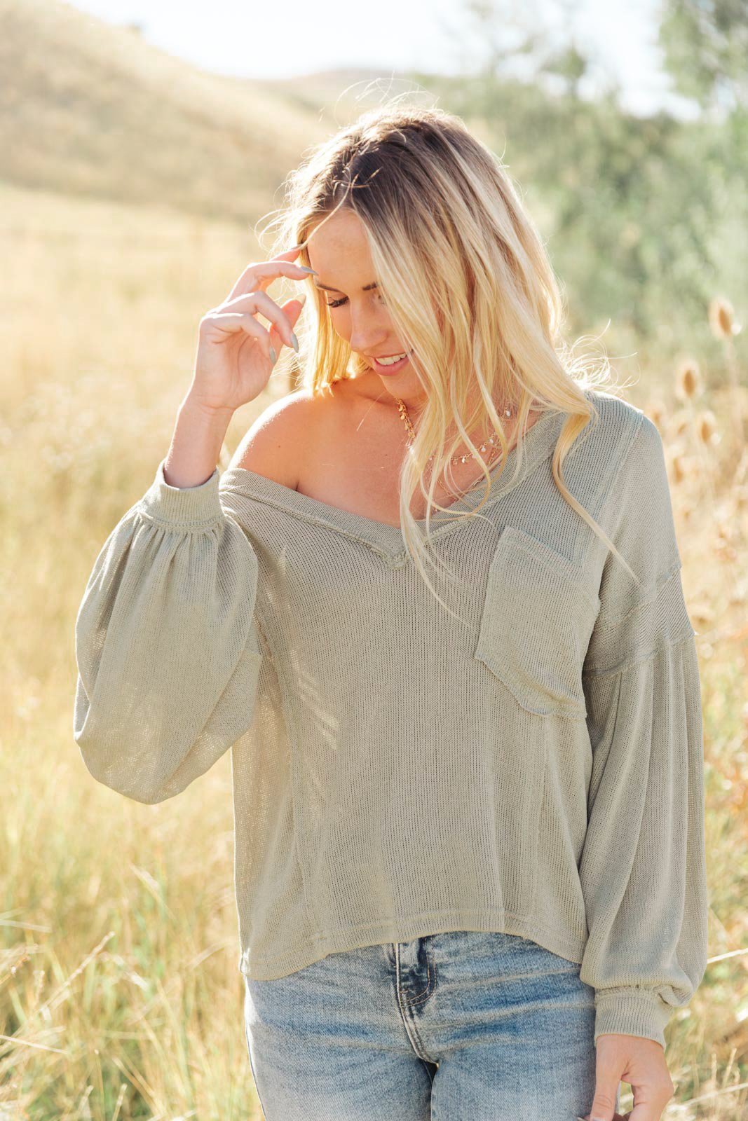 Bellissimo Draped V - Neck Sweater in Olive (Online Exclusive) - Uptown Boutique Ramona