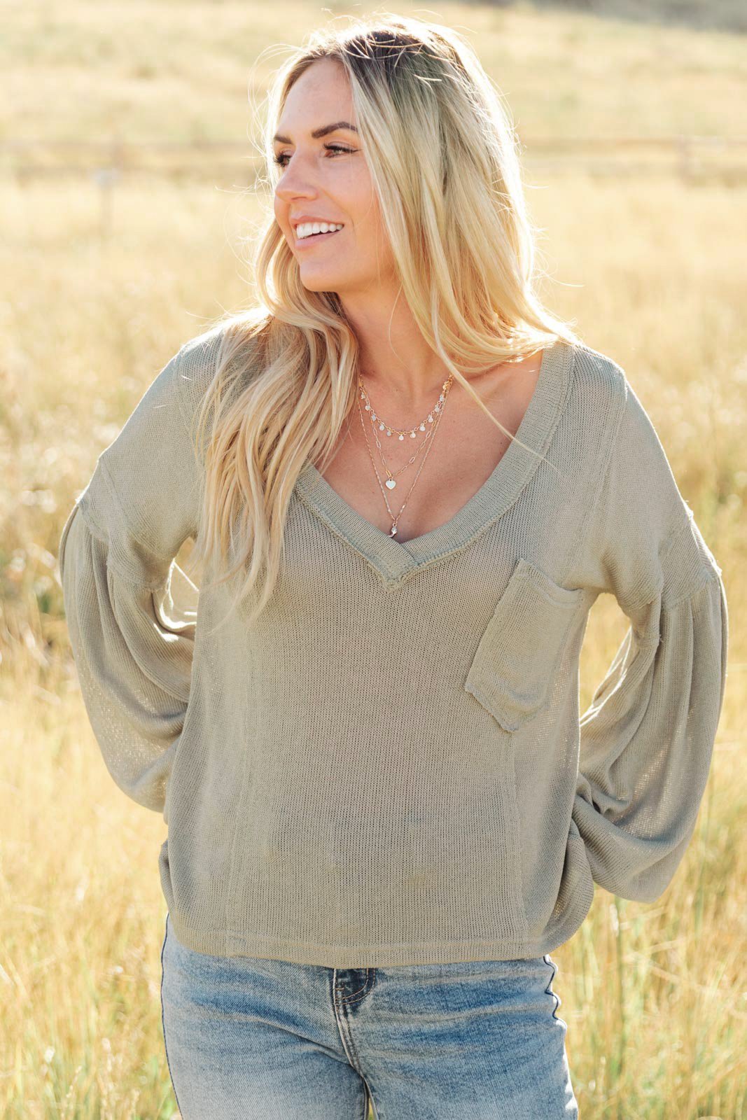 Bellissimo Draped V - Neck Sweater in Olive (Online Exclusive) - Uptown Boutique Ramona