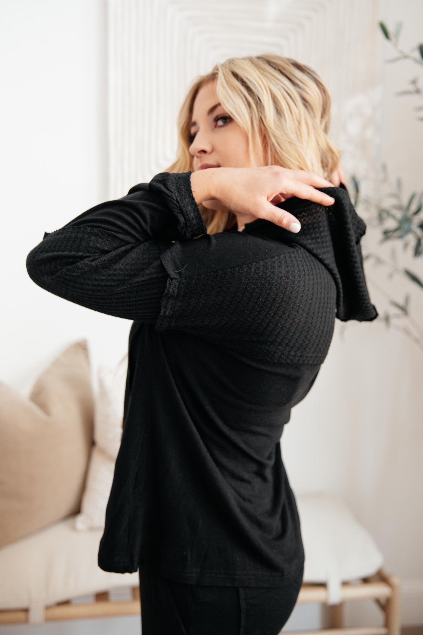 Black Hawk Waffle Knit Hoodie (Online Exclusive) - Uptown Boutique Ramona