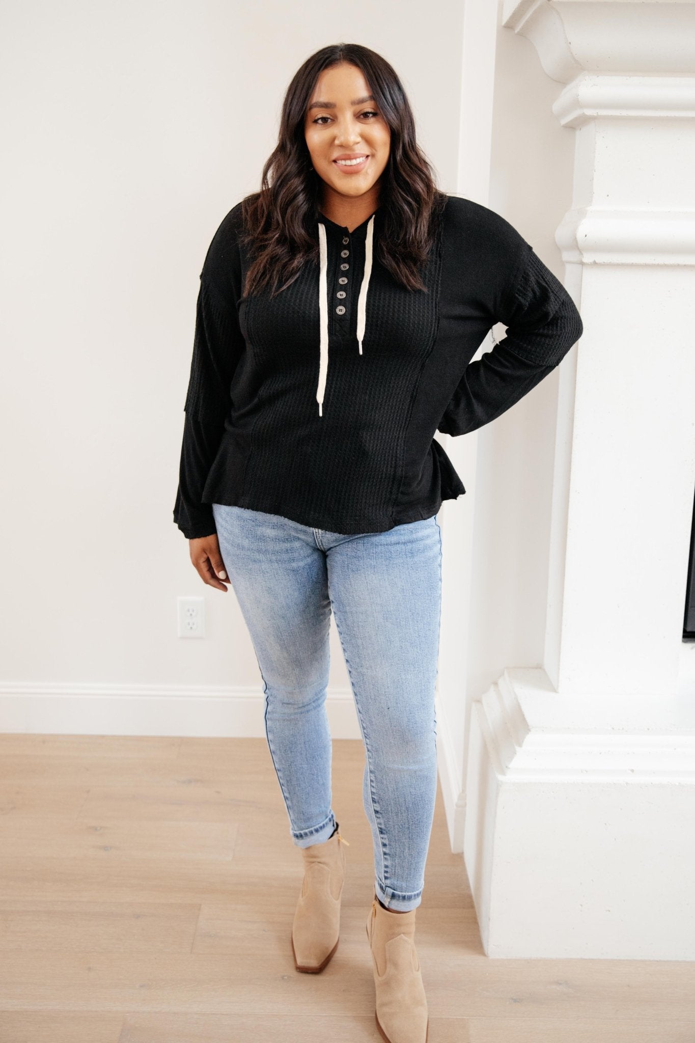 Black Hawk Waffle Knit Hoodie (Online Exclusive) - Uptown Boutique Ramona