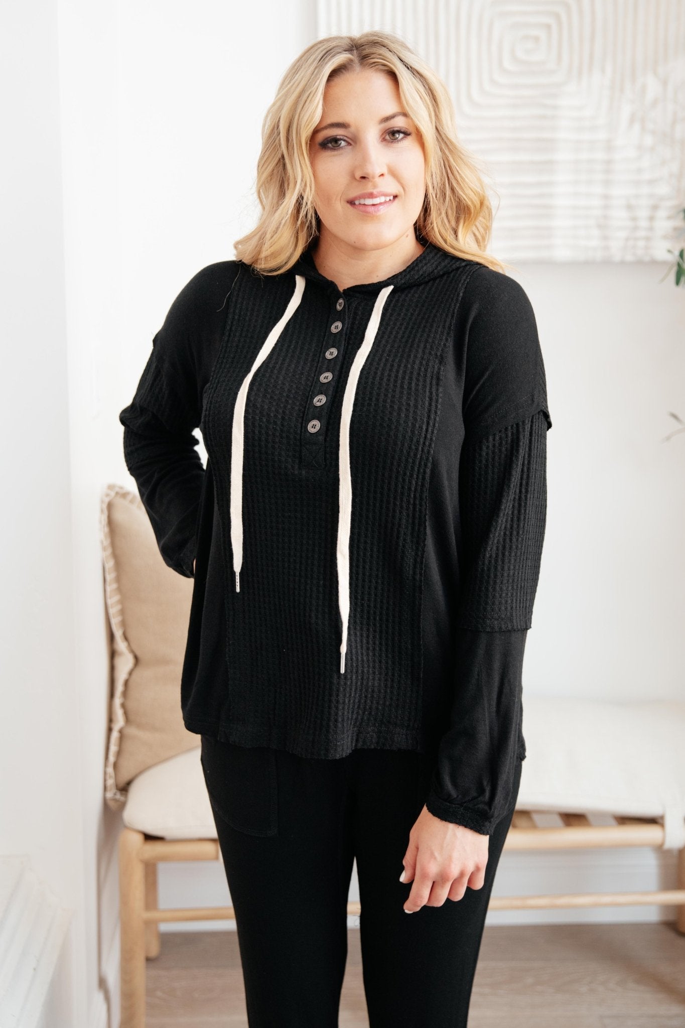 Black Hawk Waffle Knit Hoodie (Online Exclusive) - Uptown Boutique Ramona