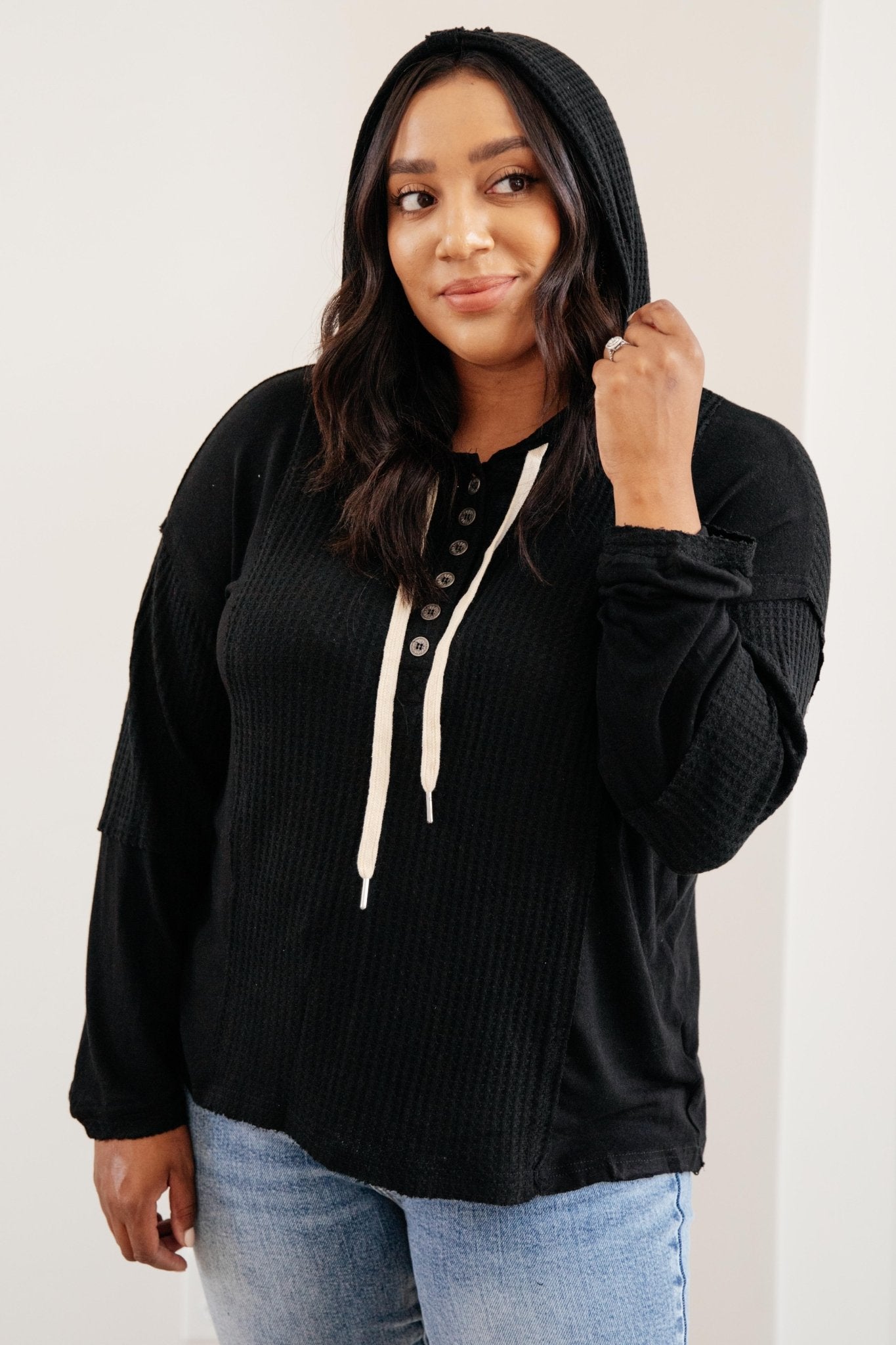 Black Hawk Waffle Knit Hoodie (Online Exclusive) - Uptown Boutique Ramona